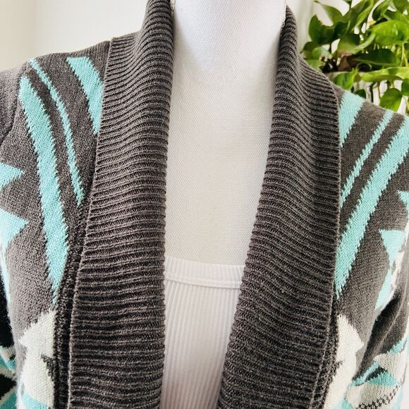 Eddie Bauer Turquoise and Gray Aztec Patterned Cardigan Sweater. Size M. EUC. - Picture 2 of 9